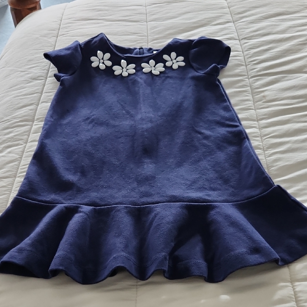 Navy Blue Kids Dress with Beaded Floral Accents